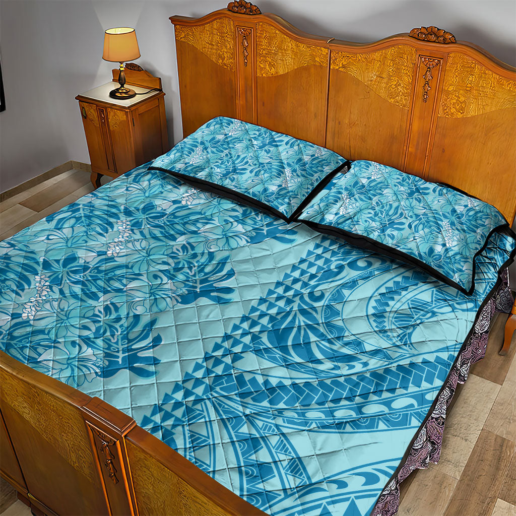 Cyan Hibiscus Monstera Seamless Kakau Hawaii Quilt Bed Set
