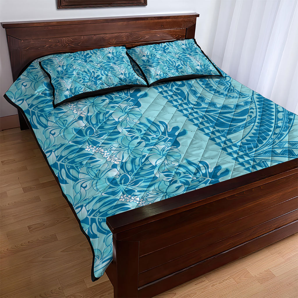 Cyan Hibiscus Monstera Seamless Kakau Hawaii Quilt Bed Set