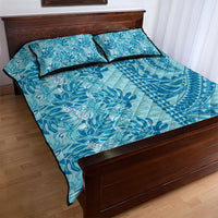 Cyan Hibiscus Monstera Seamless Kakau Hawaii Quilt Bed Set