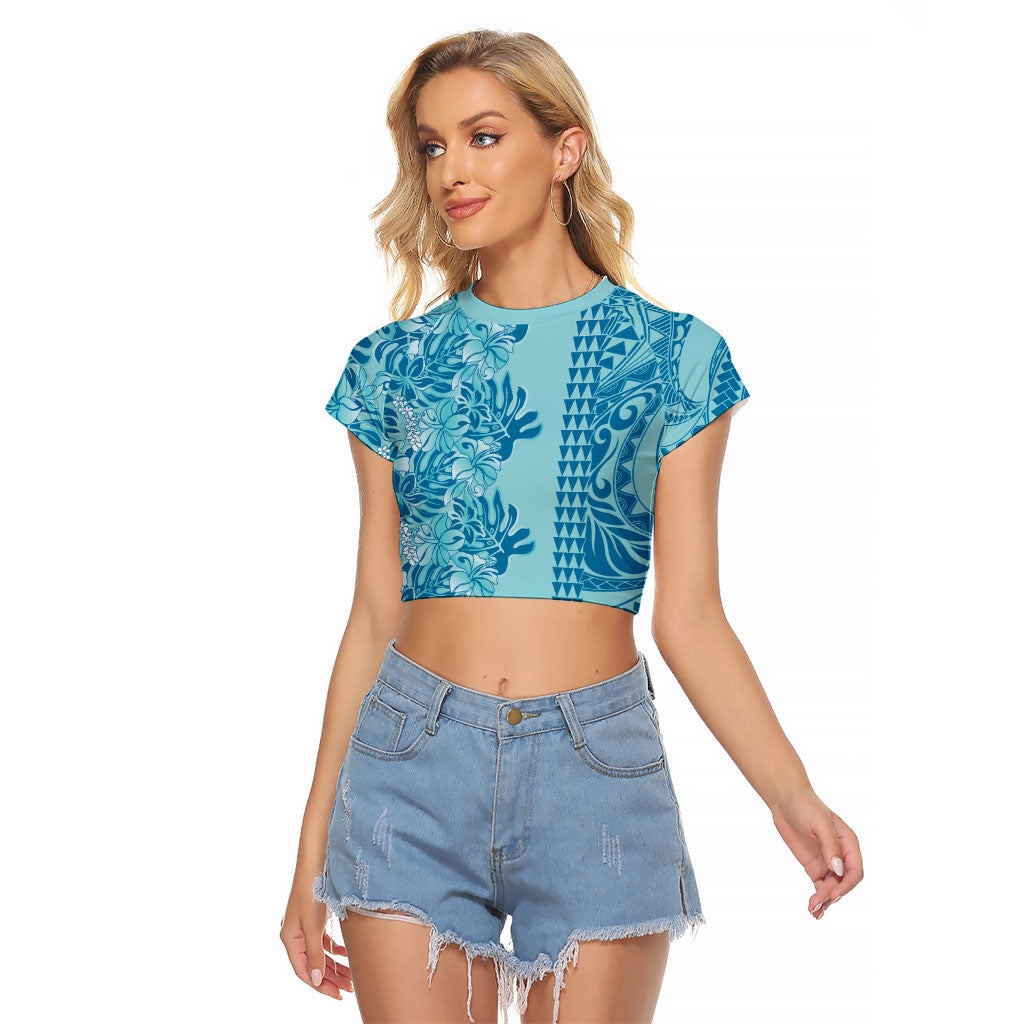 Cyan Hibiscus Monstera Seamless Kakau Hawaii Raglan Cropped T Shirt LT14 Female Cyan - Polynesian Pride