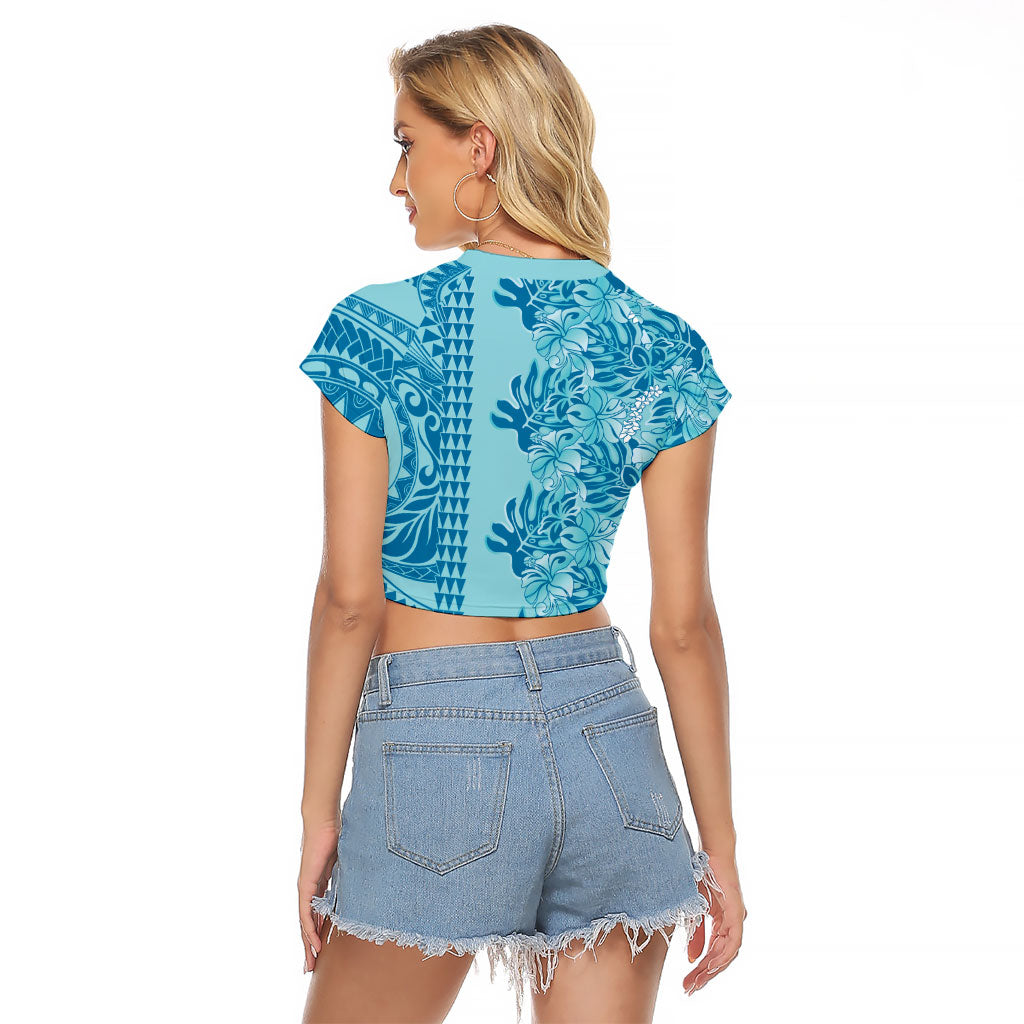 Cyan Hibiscus Monstera Seamless Kakau Hawaii Raglan Cropped T Shirt LT14 - Polynesian Pride