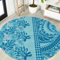 Cyan Hibiscus Monstera Seamless Kakau Hawaii Round Carpet