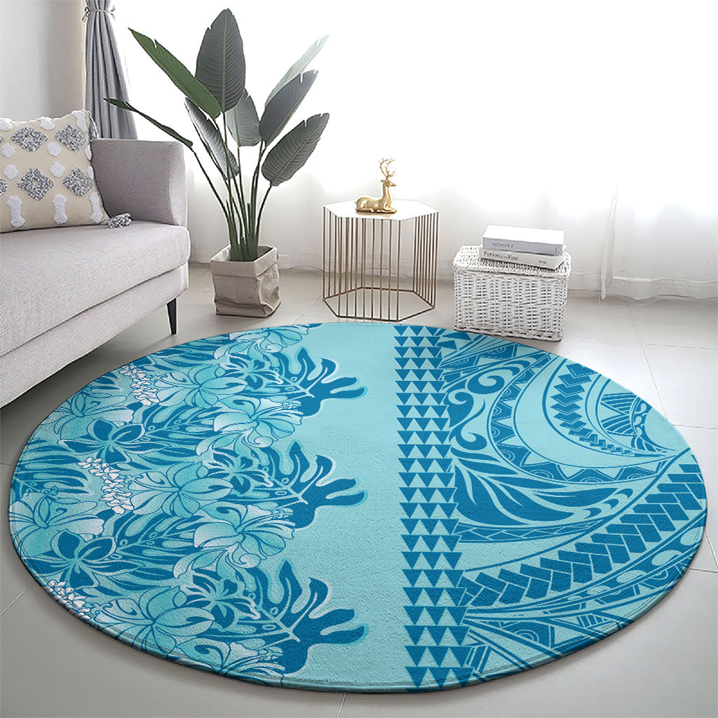 Cyan Hibiscus Monstera Seamless Kakau Hawaii Round Carpet