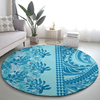 Cyan Hibiscus Monstera Seamless Kakau Hawaii Round Carpet