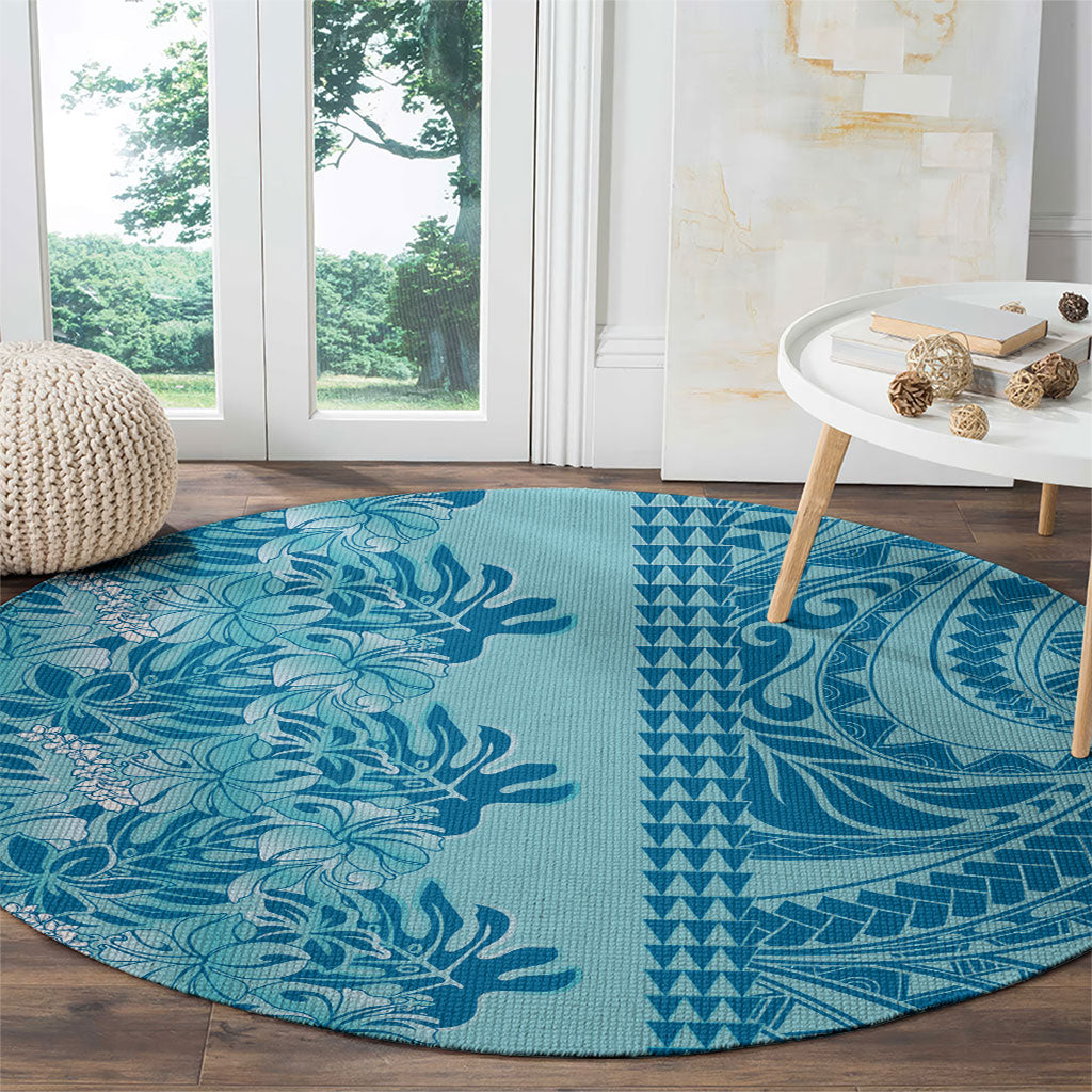 Cyan Hibiscus Monstera Seamless Kakau Hawaii Round Carpet