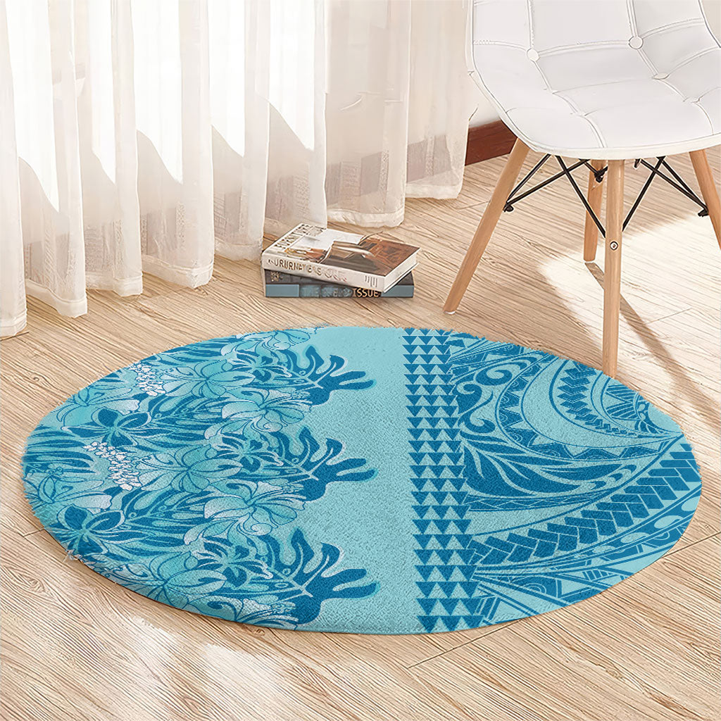 Cyan Hibiscus Monstera Seamless Kakau Hawaii Round Carpet