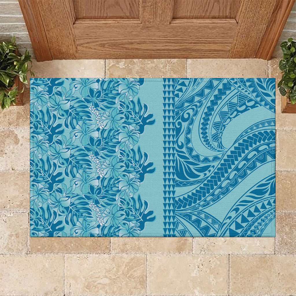 Cyan Hibiscus Monstera Seamless Kakau Hawaii Rubber Doormat