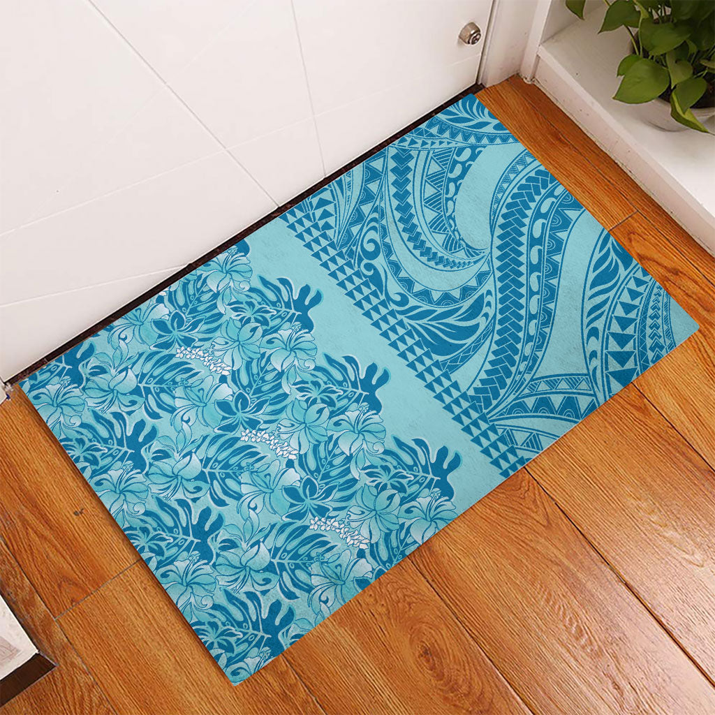 Cyan Hibiscus Monstera Seamless Kakau Hawaii Rubber Doormat