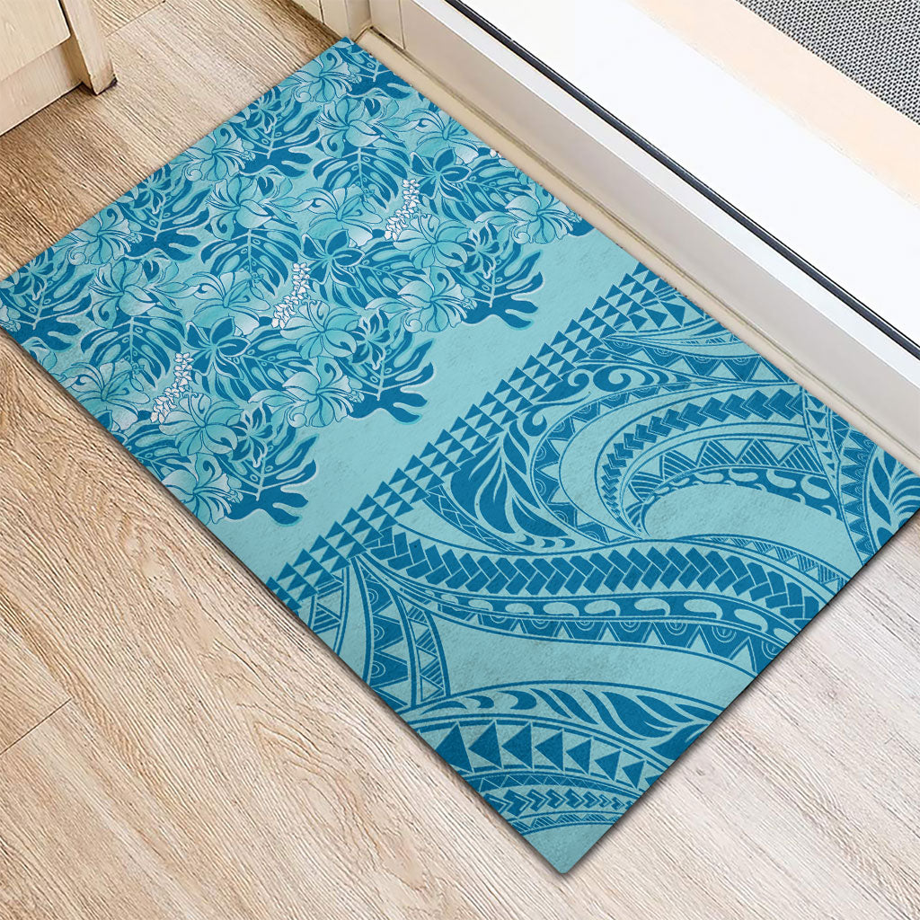Cyan Hibiscus Monstera Seamless Kakau Hawaii Rubber Doormat