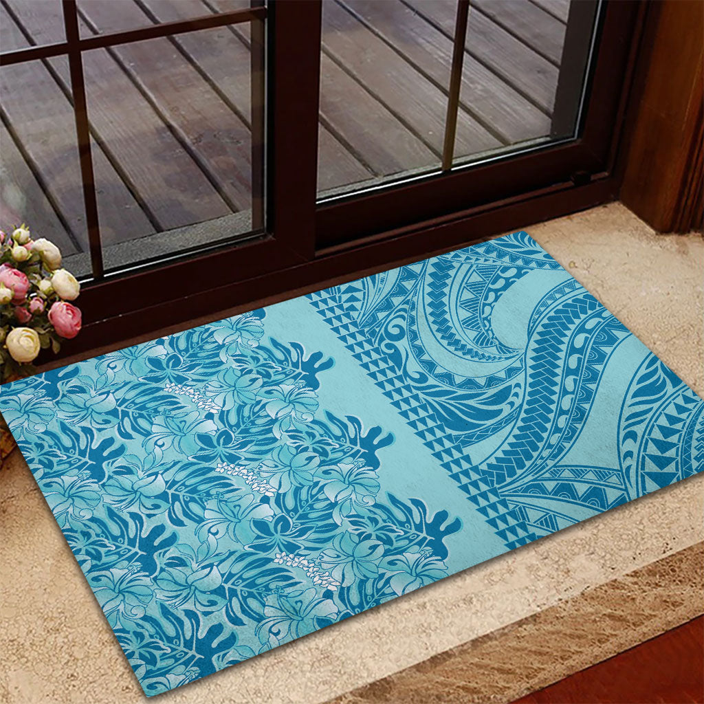 Cyan Hibiscus Monstera Seamless Kakau Hawaii Rubber Doormat
