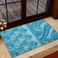 Cyan Hibiscus Monstera Seamless Kakau Hawaii Rubber Doormat