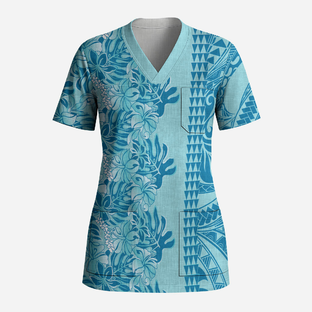 Cyan Hibiscus Monstera Seamless Kakau Hawaii Scrub Top