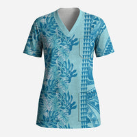 Cyan Hibiscus Monstera Seamless Kakau Hawaii Scrub Top