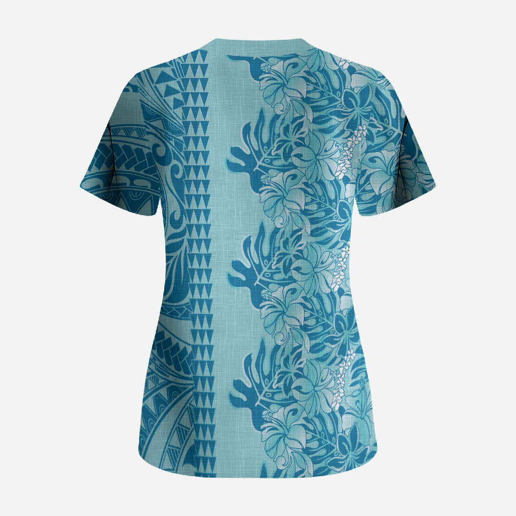 Cyan Hibiscus Monstera Seamless Kakau Hawaii Scrub Top