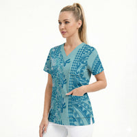 Cyan Hibiscus Monstera Seamless Kakau Hawaii Scrub Top