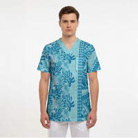 Cyan Hibiscus Monstera Seamless Kakau Hawaii Scrub Top