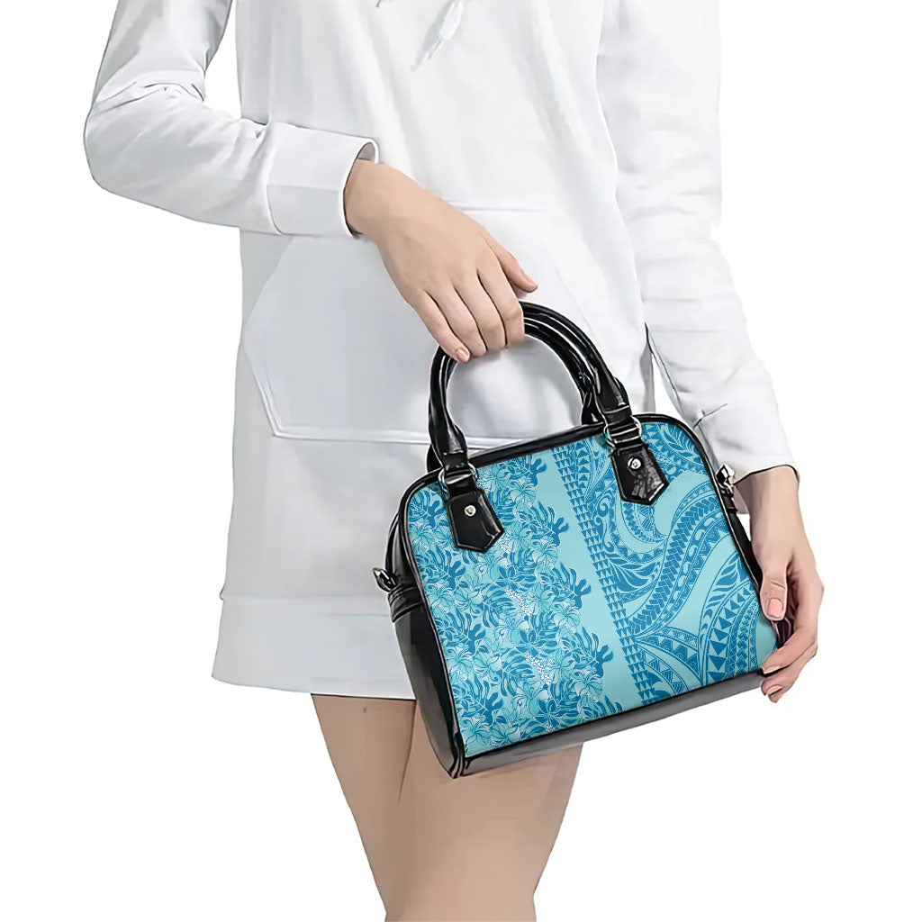 Cyan Hibiscus Monstera Seamless Kakau Hawaii Shoulder Handbag