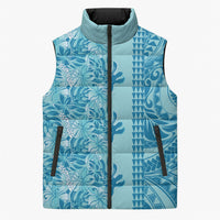 Cyan Hibiscus Monstera Seamless Kakau Hawaii Sleeveless Puffer Jacket