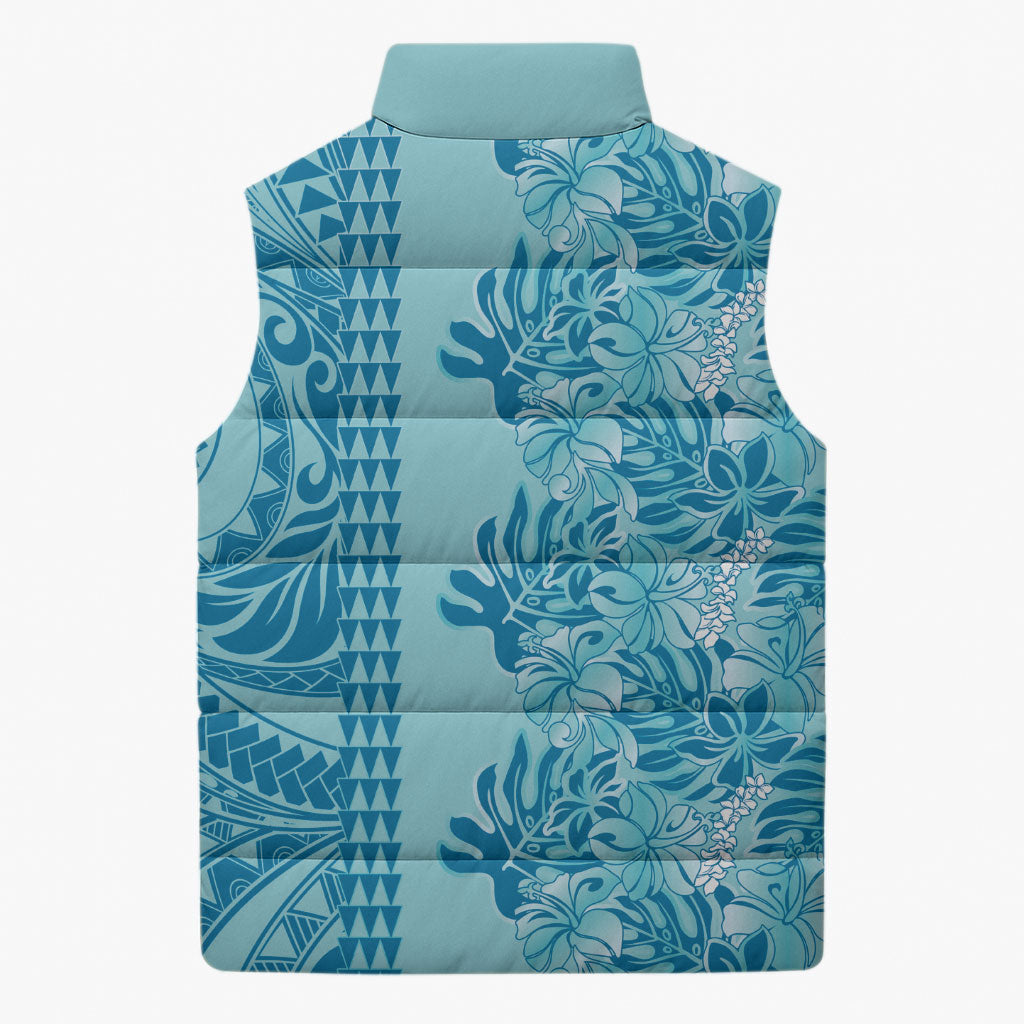 Cyan Hibiscus Monstera Seamless Kakau Hawaii Sleeveless Puffer Jacket