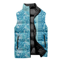 Cyan Hibiscus Monstera Seamless Kakau Hawaii Sleeveless Puffer Jacket
