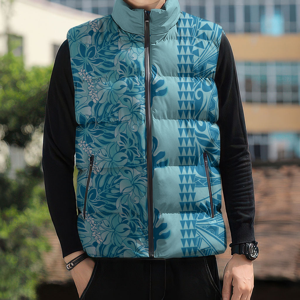 Cyan Hibiscus Monstera Seamless Kakau Hawaii Sleeveless Puffer Jacket