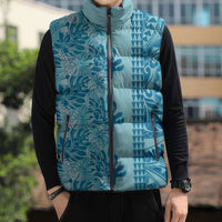 Cyan Hibiscus Monstera Seamless Kakau Hawaii Sleeveless Puffer Jacket