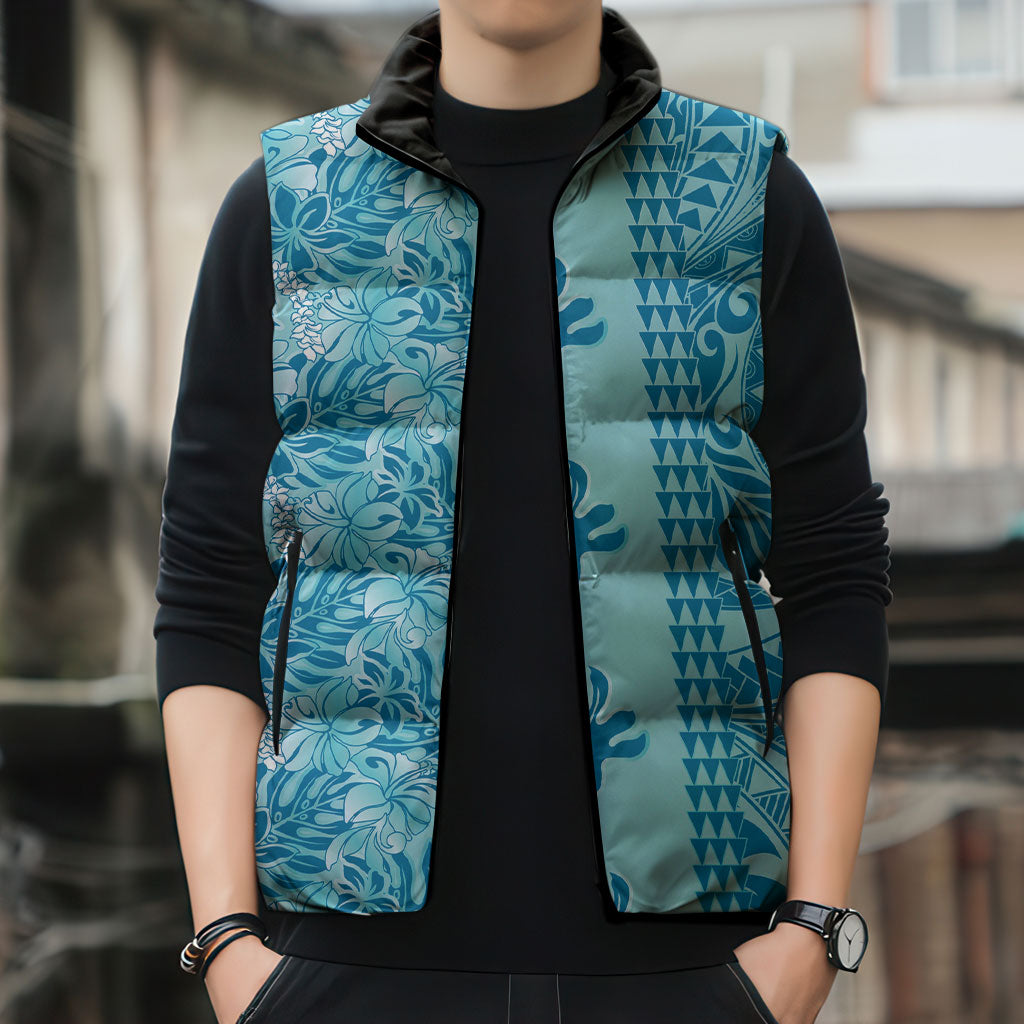 Cyan Hibiscus Monstera Seamless Kakau Hawaii Sleeveless Puffer Jacket