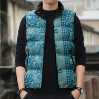 Cyan Hibiscus Monstera Seamless Kakau Hawaii Sleeveless Puffer Jacket
