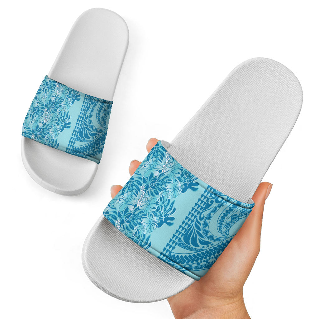Cyan Hibiscus Monstera Seamless Kakau Hawaii Slide Sandals