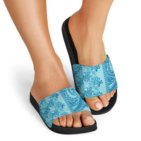 Cyan Hibiscus Monstera Seamless Kakau Hawaii Slide Sandals