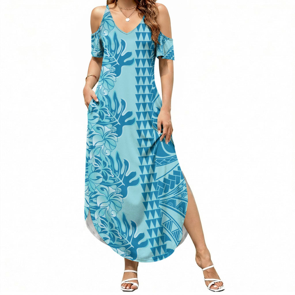 Cyan Hibiscus Monstera Seamless Kakau Hawaii Summer Maxi Dress LT14 Women Cyan - Polynesian Pride