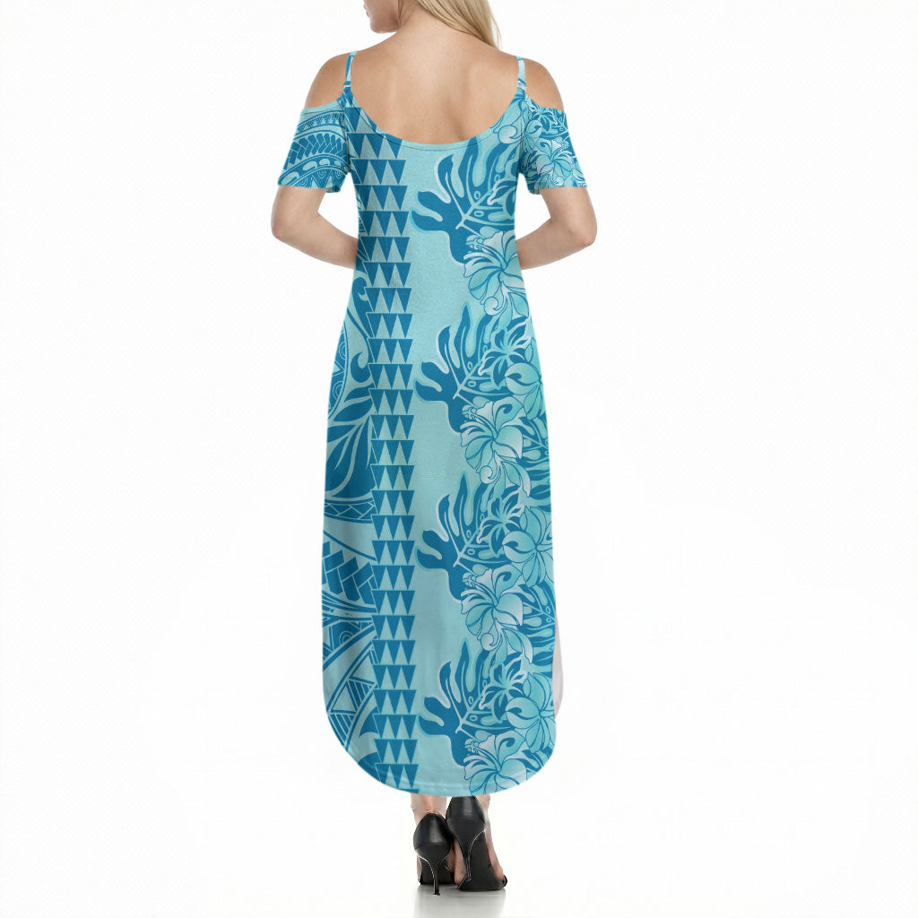 Cyan Hibiscus Monstera Seamless Kakau Hawaii Summer Maxi Dress LT14 - Polynesian Pride