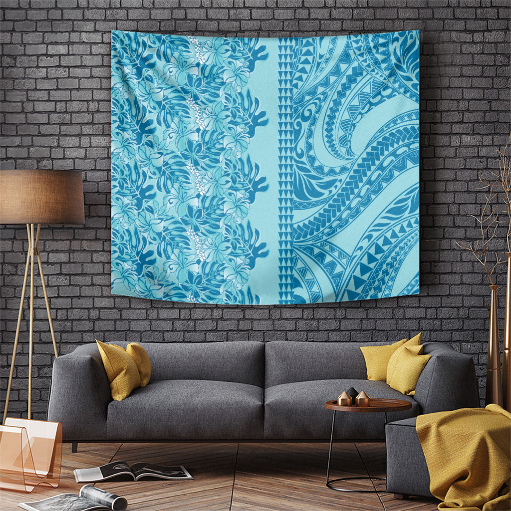 Cyan Hibiscus Monstera Seamless Kakau Hawaii Tapestry