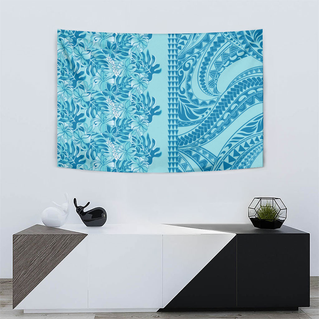Cyan Hibiscus Monstera Seamless Kakau Hawaii Tapestry