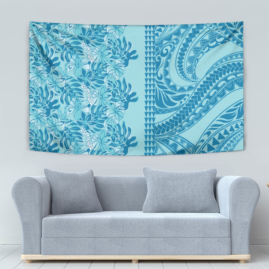 Cyan Hibiscus Monstera Seamless Kakau Hawaii Tapestry