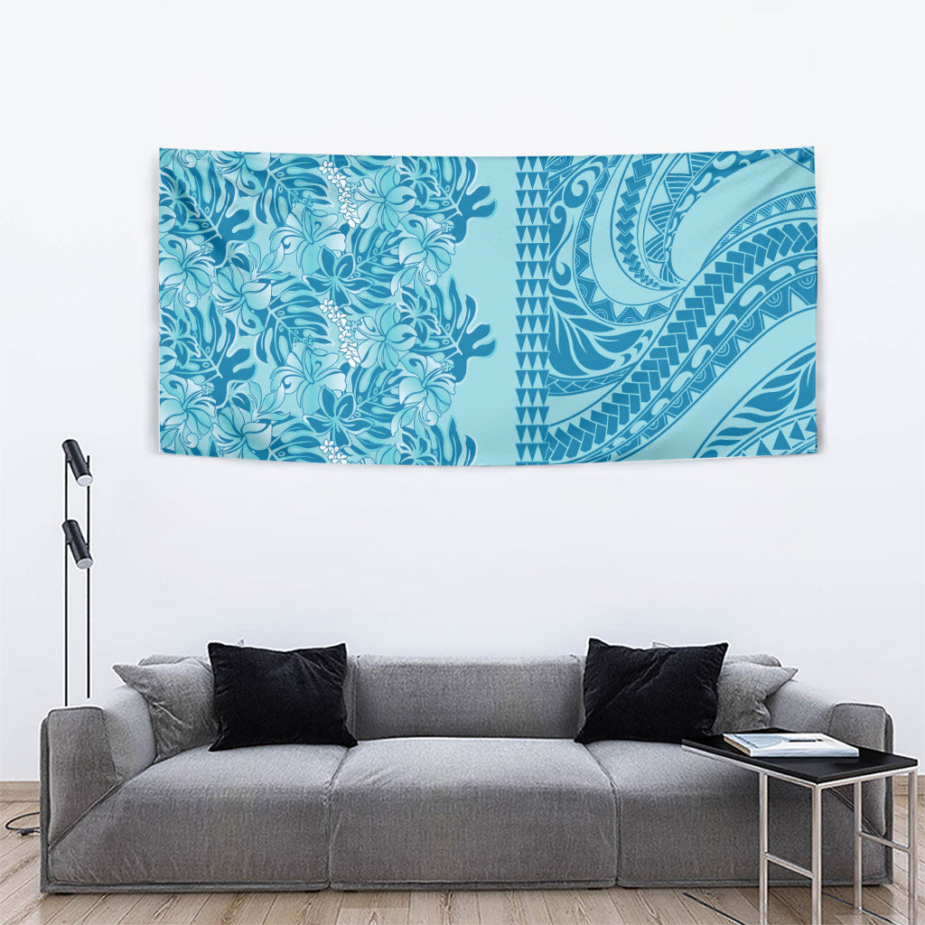 Cyan Hibiscus Monstera Seamless Kakau Hawaii Tapestry