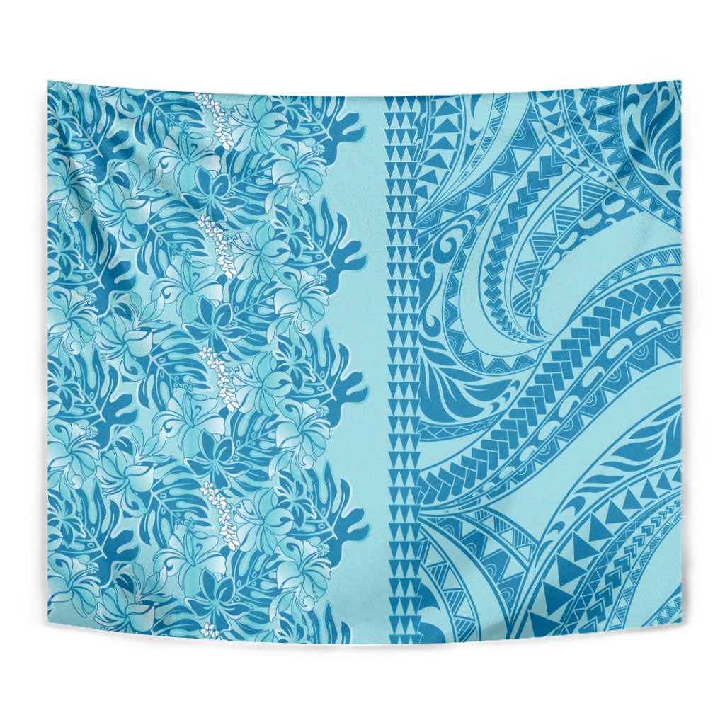 Cyan Hibiscus Monstera Seamless Kakau Hawaii Tapestry