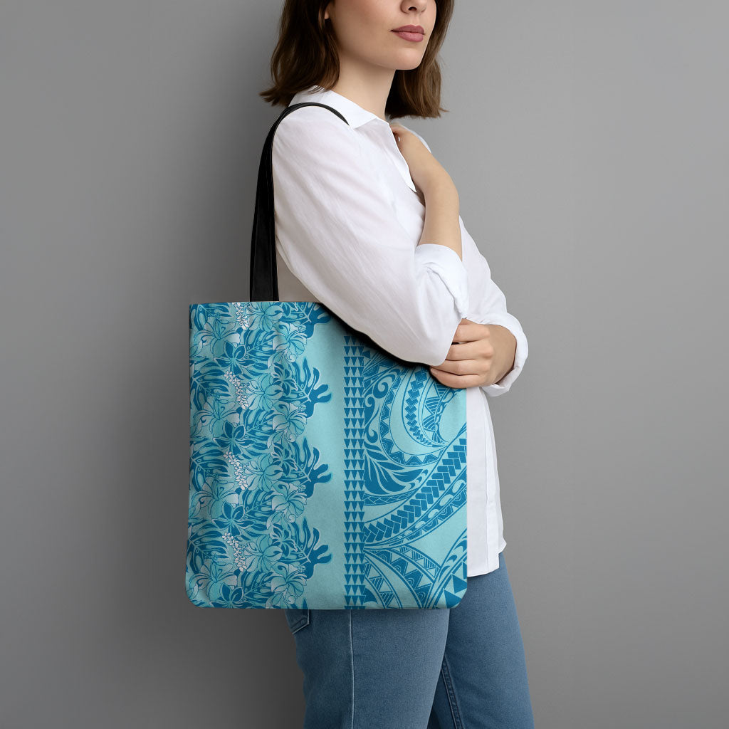 Cyan Hibiscus Monstera Seamless Kakau Hawaii Tote Bag