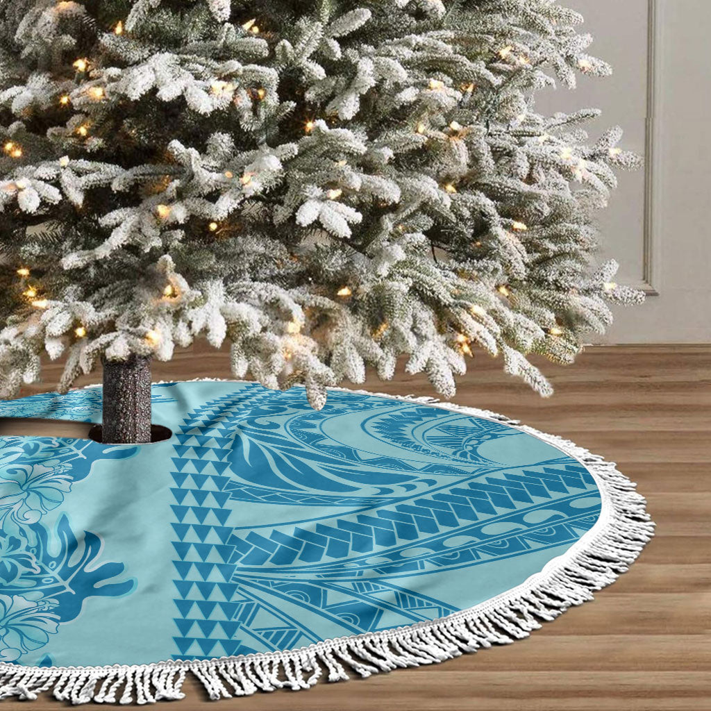 Cyan Hibiscus Monstera Seamless Kakau Hawaii Tree Skirt