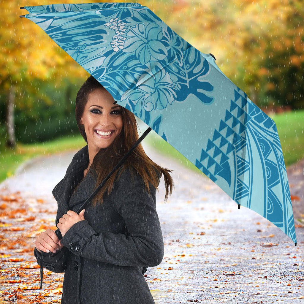 Cyan Hibiscus Monstera Seamless Kakau Hawaii Umbrella