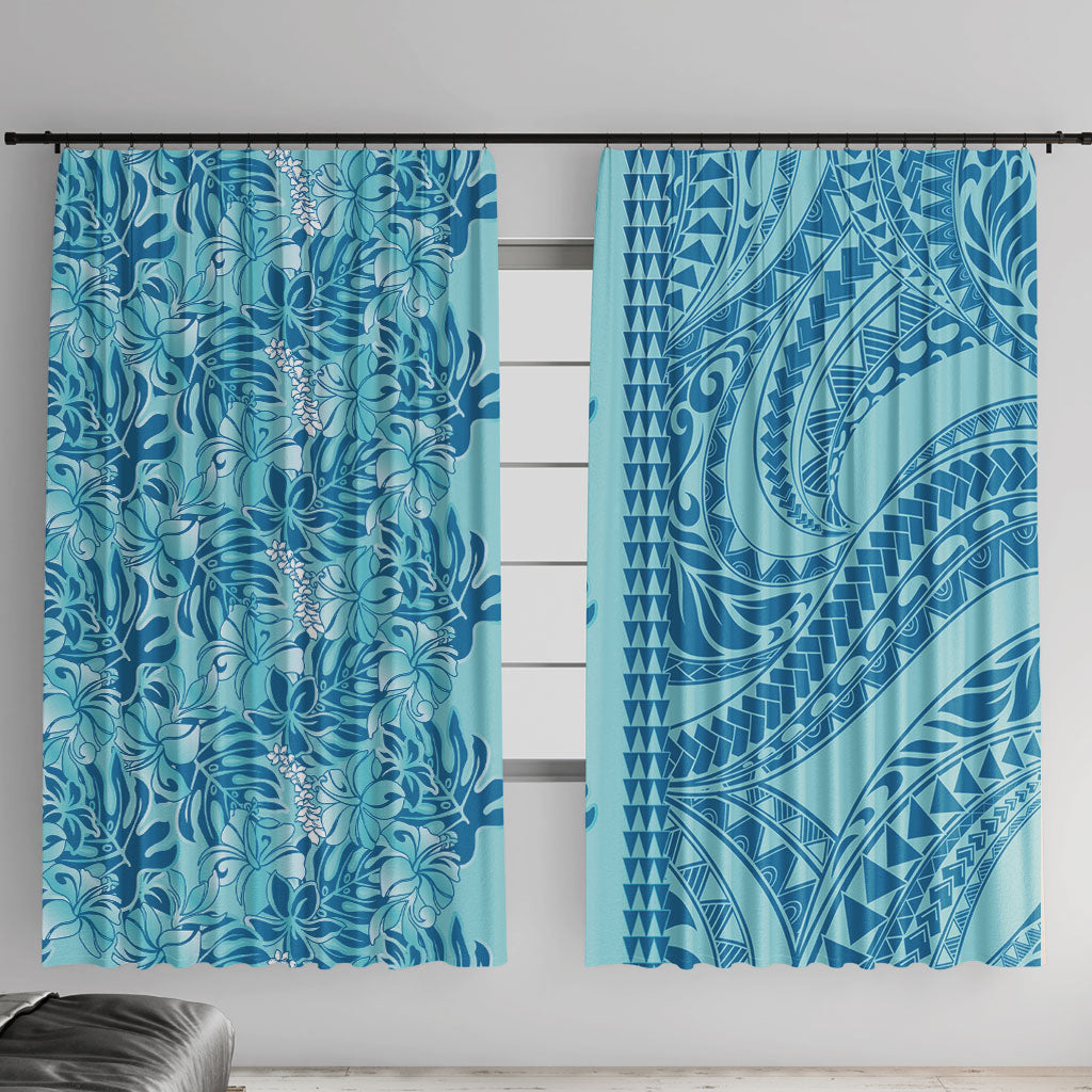 Cyan Hibiscus Monstera Seamless Kakau Hawaii Window Curtain