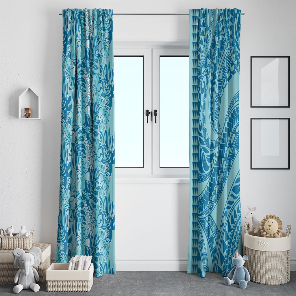 Cyan Hibiscus Monstera Seamless Kakau Hawaii Window Curtain