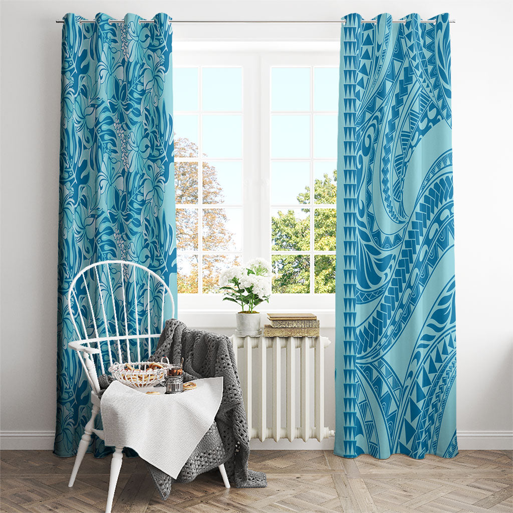 Cyan Hibiscus Monstera Seamless Kakau Hawaii Window Curtain