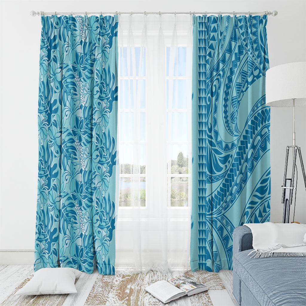 Cyan Hibiscus Monstera Seamless Kakau Hawaii Window Curtain