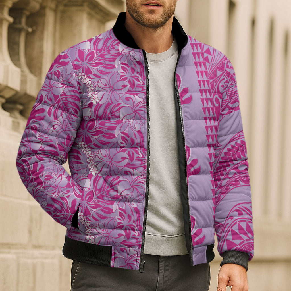 Purple Hibiscus Monstera Seamless Kakau Hawaii Bomber Puffer Jacket