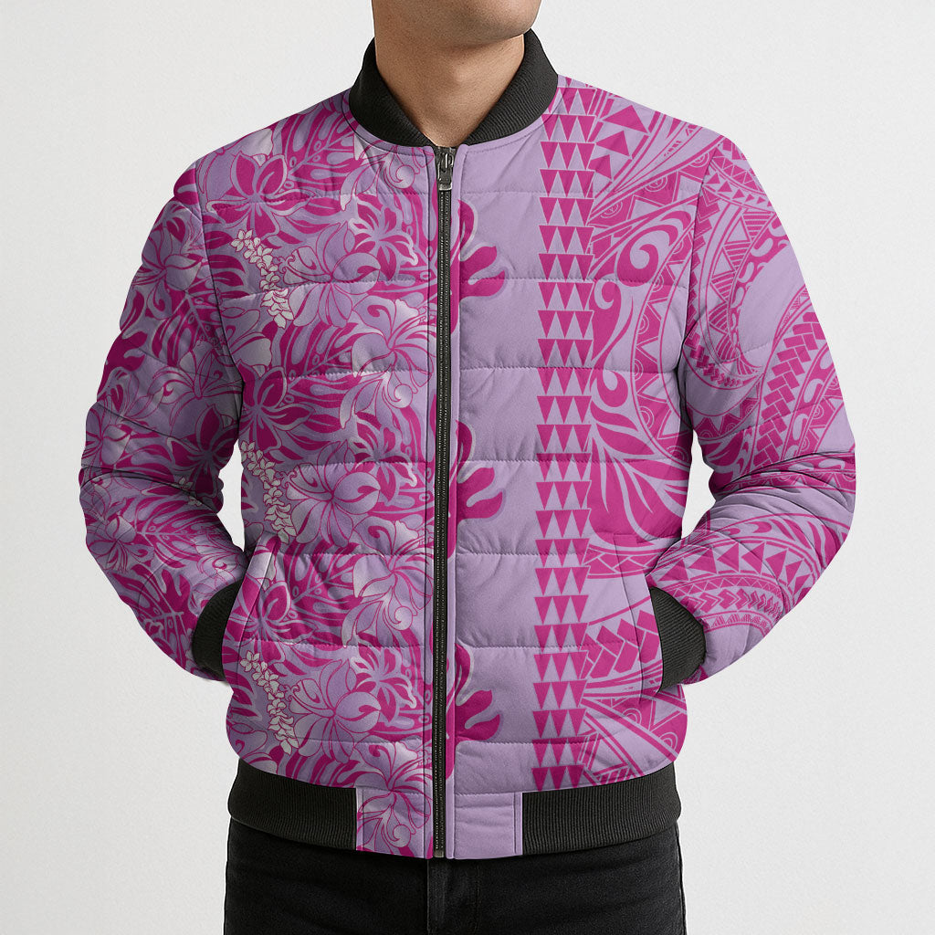 Purple Hibiscus Monstera Seamless Kakau Hawaii Bomber Puffer Jacket