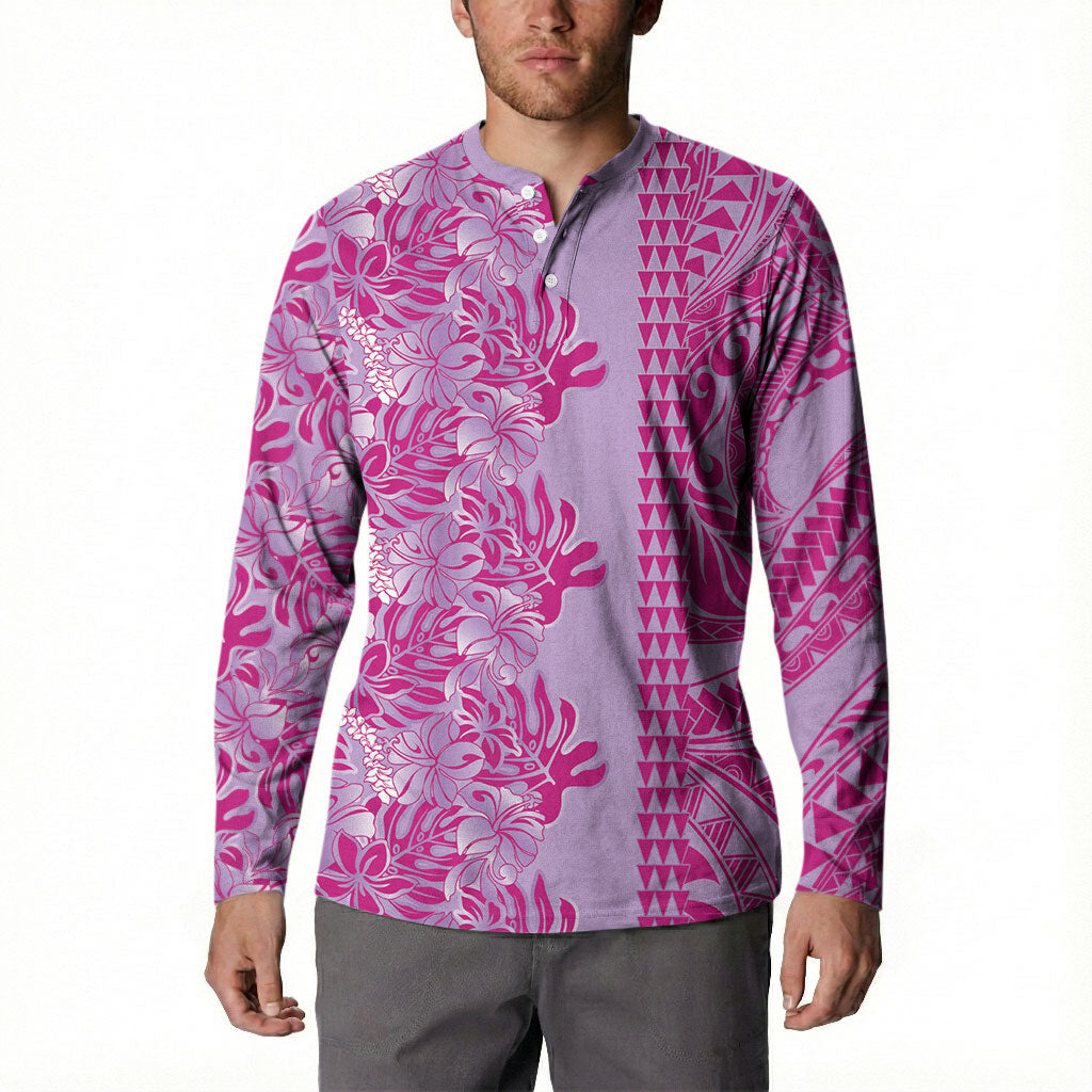 Purple Hibiscus Monstera Seamless Kakau Hawaii Button Sweatshirt