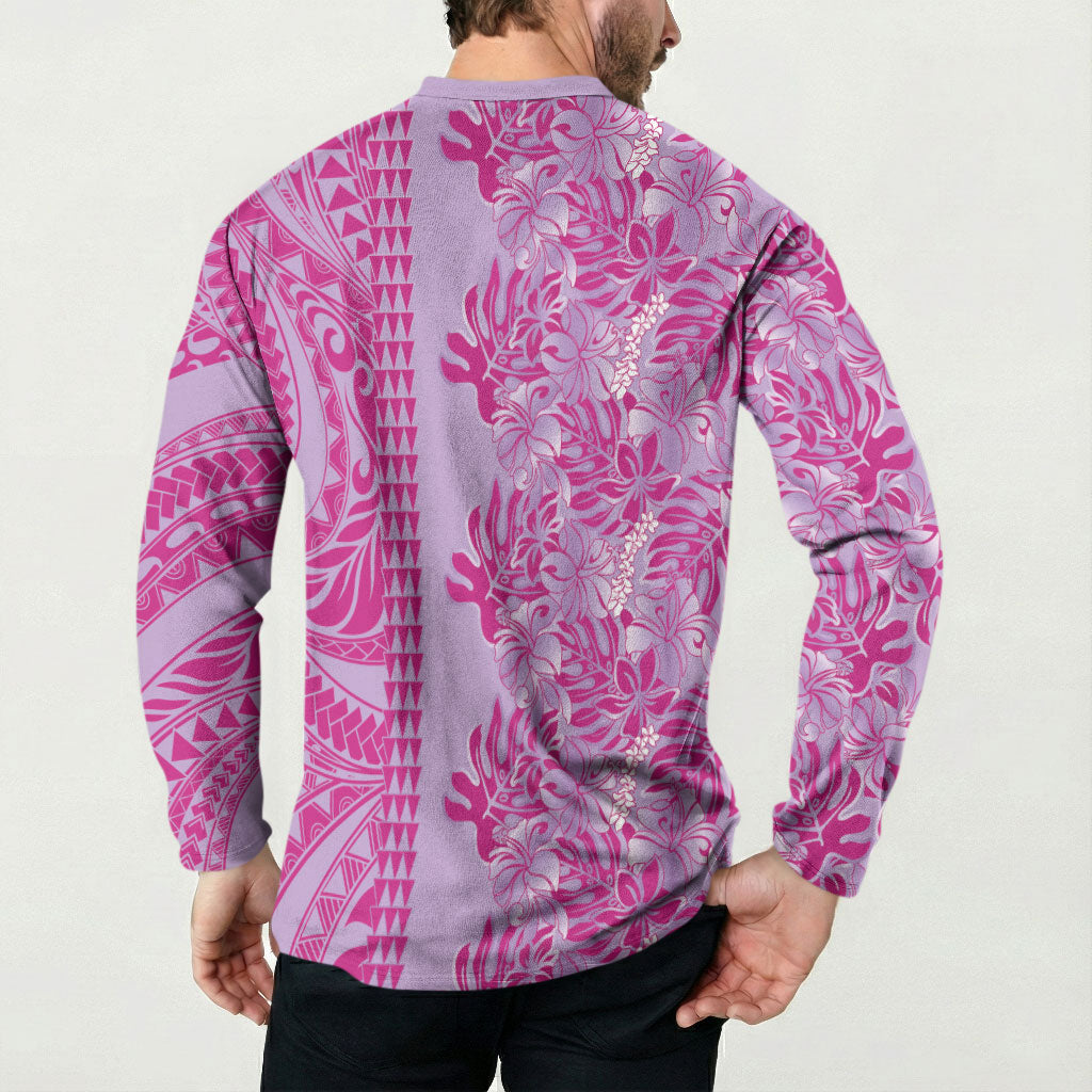 Purple Hibiscus Monstera Seamless Kakau Hawaii Button Sweatshirt