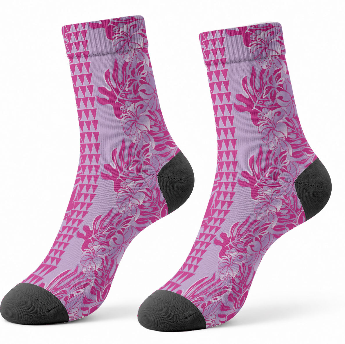 Purple Hibiscus Monstera Seamless Kakau Hawaii Crew Socks LT14 - Polynesian Pride
