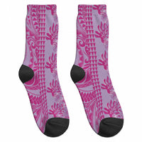 Purple Hibiscus Monstera Seamless Kakau Hawaii Crew Socks LT14 - Polynesian Pride
